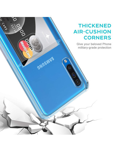 Stöttåligt skal för Samsung A50 med kortfack, sett från ovan med kortet synligt