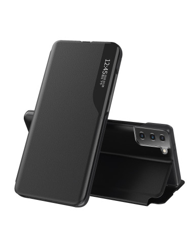Samsung S21 Plus Smart View Fodral i svart med stängd vy och visning av klocka