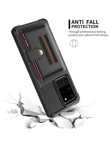 Svart stöttåligt skal för Samsung S21 Ultra med kortfack, visat i detalj med kort synliga och designad för fallskydd