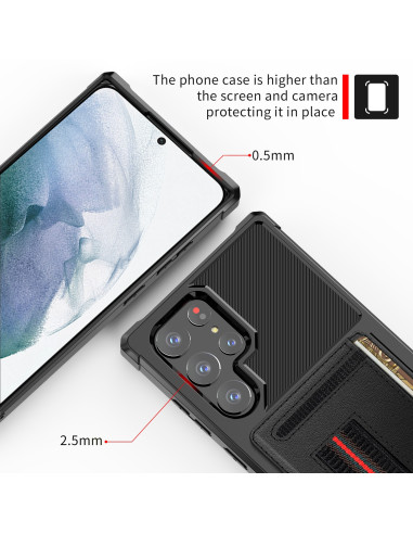 Detaljvy av svart stöttåligt skal för Samsung S22 Ultra med kortfack, sett ovanifrån
