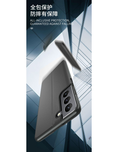 Samsung S22 Plus Smart View-fodral i svart, sett från sidan med öppet visningsfönster