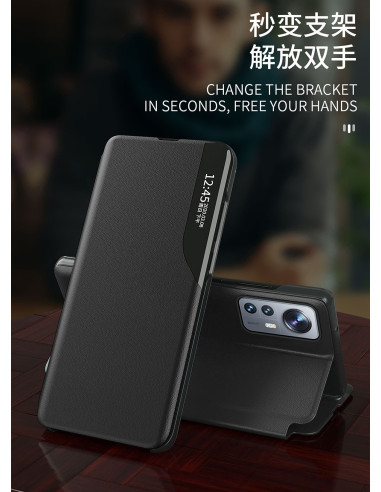 Svart Smart View-fodral för Xiaomi Mi 12 / 12X med stängd vy och tidsvisning