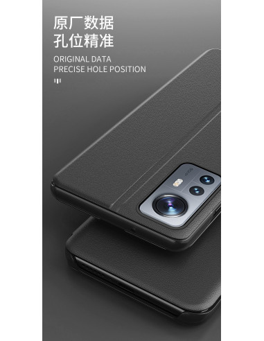 Detaljvy av svart Smart View-fodral för Xiaomi Mi 12 / 12X med fokus på textur och kamerautskärning