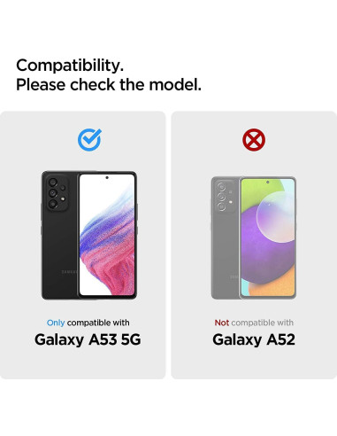 Kompatibilitetsinformation för Samsung A53 5G, visad med en grön bock och röd kryss