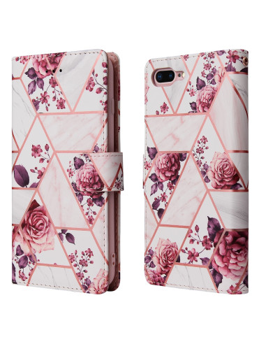 Plånboksfodral för iPhone 7 Plus och 8 Plus med geometriskt mönster och blommor, sett från sidan och framifrån