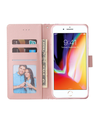 Plånboksfodral för iPhone 7 Plus och 8 Plus, öppet med kortfack och telefon insatt, rosa färg