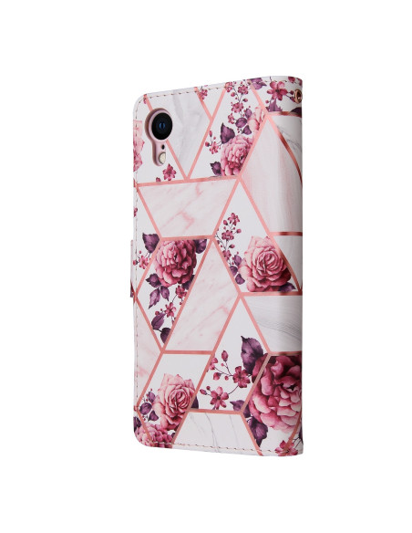 Plånboksfodral för iPhone XR med blommönster och geometrisk design, sett från sidan