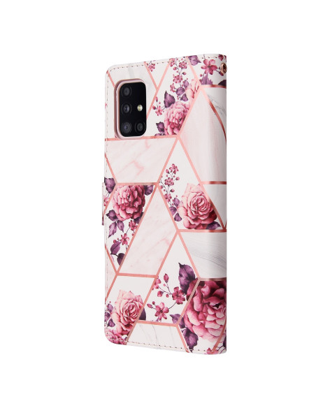 Plånboksfodral för Samsung A51 5G med rosa blommor och geometriska former, sett från sidan