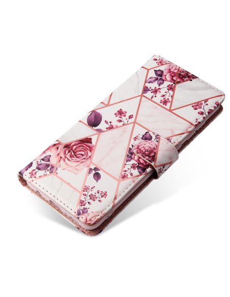 Plånboksfodral för Samsung A21s med geometriskt mönster och blommor, stängd vy