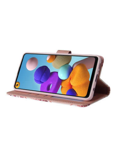 Samsung A21s plånboksfodral i öppen vy med telefon monterad, fyra kortfack synliga