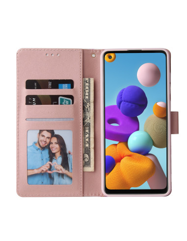 Plånboksfodral för Samsung A21s i öppen vy med kortfack och sedlar synliga