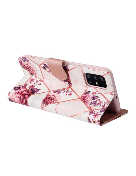 Samsung A03s plånboksfodral med blommönster, sett från sidan med stängd flik