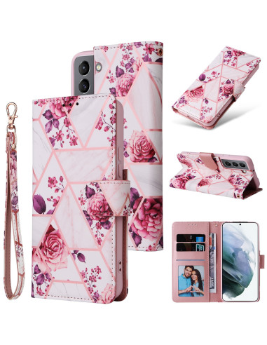 Plånboksfodral för Samsung S22 med blommönster och fyra kortfack, öppet och stängt
