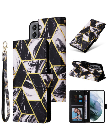 Samsung S22 plånboksfodral med geometriskt mönster, sett framifrån och i stativläge