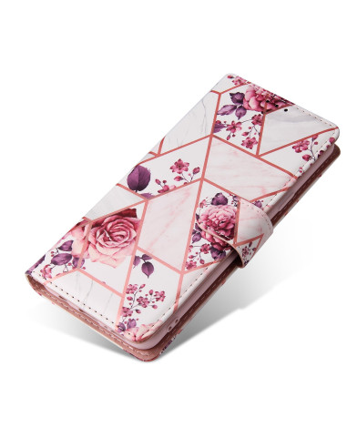 Plånboksfodral för Samsung S9 med glittrande design och blommönster, stängt och sett från sidan