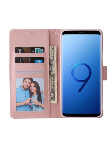 Öppet plånboksfodral för Samsung S9 Plus med kortfack och foto, rosa färg
