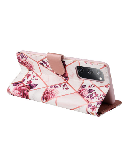 Plånboksfodral för Samsung S20 med blommönster, sett från sidan med stängd flik