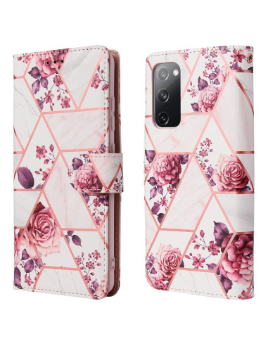 Plånboksfodral för Samsung S20 med blommönster och geometriska former, sett från sidan och framifrån
