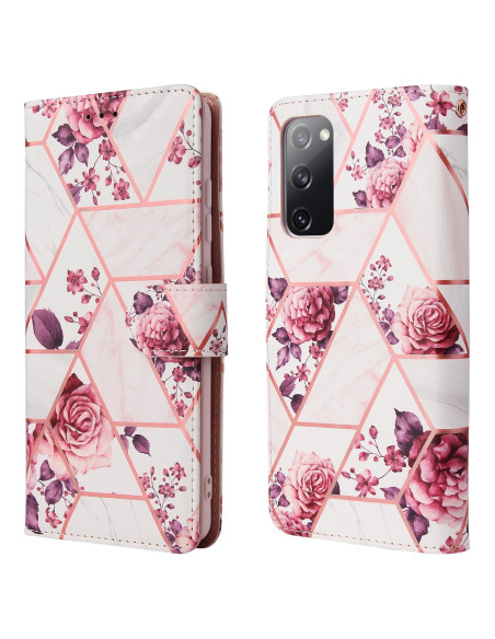 Plånboksfodral för Samsung S20 med blommönster och geometriska former, sett från sidan och framifrån