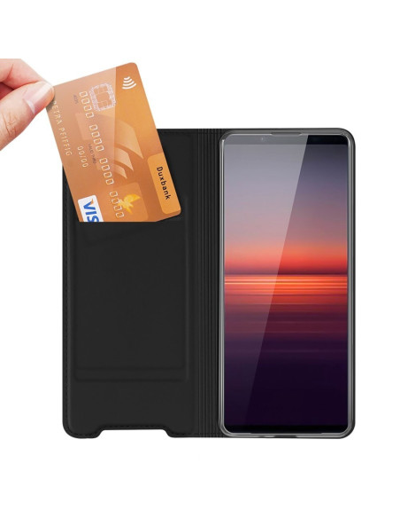 Xperia 1 IV Flipfodral Skin Pro med kortfack, öppet med kort insatt