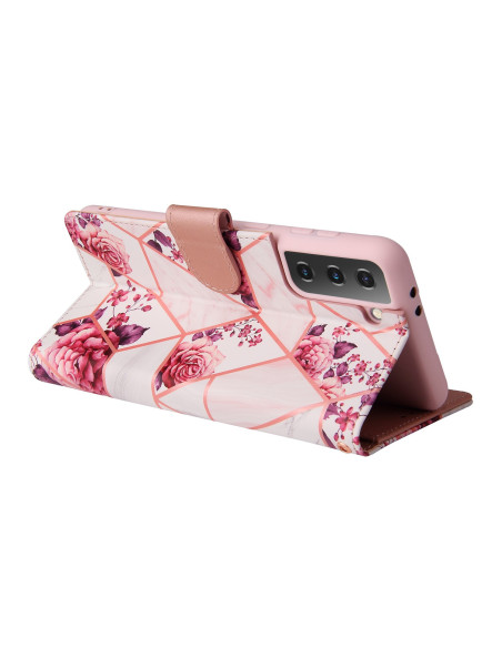 Plånboksfodral för Samsung S21 Plus med blommönster, sett från sidan med stängd flik