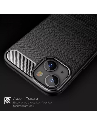 Närbild av iPhone 14 SlimCarbon skal med accentuerad textur och kolfiberlook