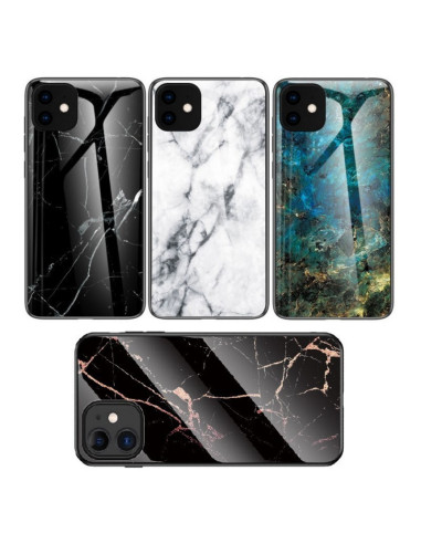 iPhone 14 skal med marmormönster och transparent baksida, sedd från sidan