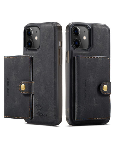 Svart stöttåligt iPhone 14-skal med magnetisk korthållare, sett framifrån och från sidan