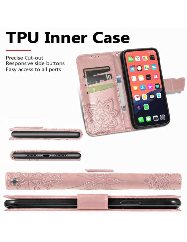Plånboksfodral i PU-läder med fjärilsmotiv, sett från sidan med iPhone 14 i fodralet