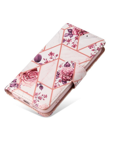 Plånboksfodral för iPhone 14 med blommönster, stängt och i trevlig vinkel