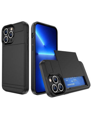 Svart stöttåligt skal för iPhone 14 Pro med kortfack, visat från sidan och bakifrån