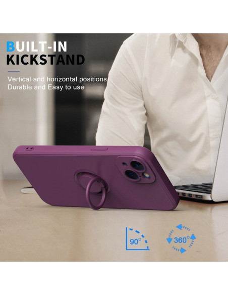 iPhone 14 skal i lila TPU med ringhållare, visat bakifrån med kickstand-funktion