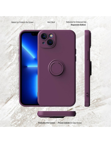 iPhone 14 skal i lila TPU med ringhållare, visat framifrån med fokus på skärmskydd och texturerad yta