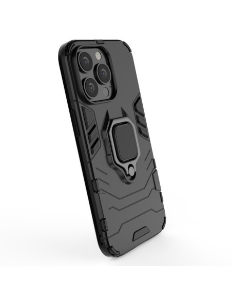Svart stöttåligt skal för iPhone 14 Pro Max med ringhållare, sett från sidan med detaljerad design