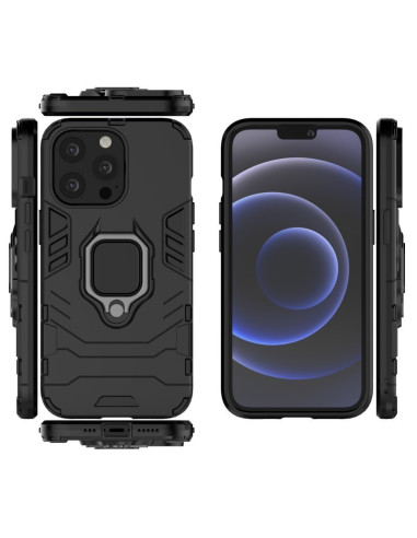 Svart stöttåligt skal för iPhone 14 Pro Max med ringhållare, visat framifrån och från sidan