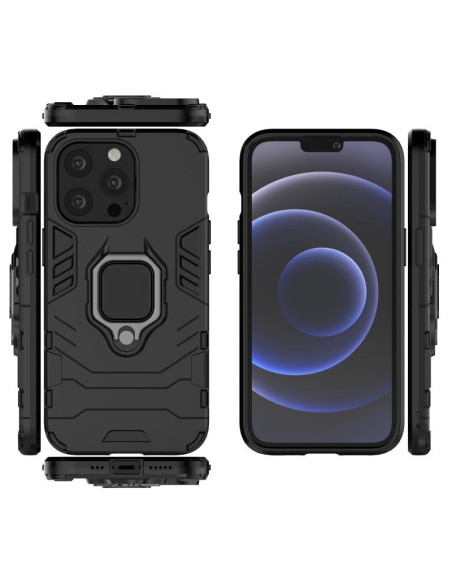 Svart stöttåligt skal för iPhone 14 Pro Max med ringhållare, visat framifrån och från sidan