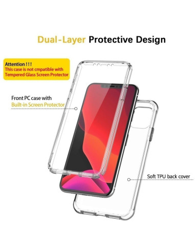 Heltäckande skal för iPhone 14 i transparent TPU med inbyggt skärmskydd, sett framifrån