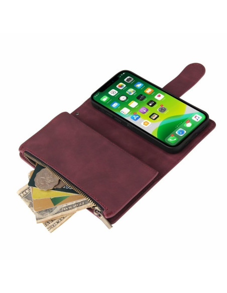 Öppet plånboksfodral i svart med iPhone 14 Pro Max och sedlar synliga