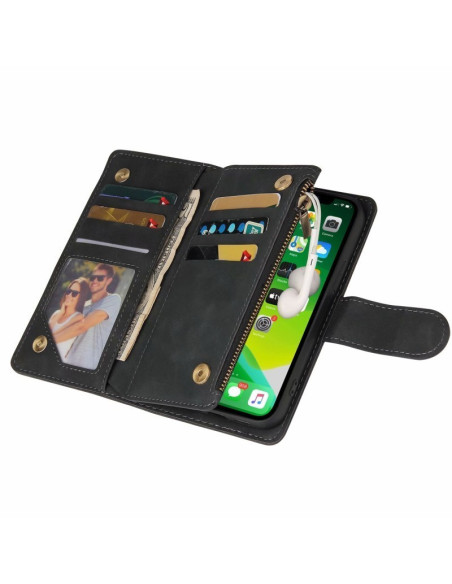 Inuti svart plånboksfodral för iPhone 14 Pro Max med kortfack och mobil synlig