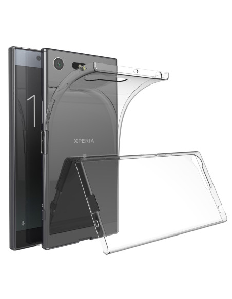 Genomskinligt TPU-skal för Xperia XZ1, visat från sidan med telefonen i bakgrunden