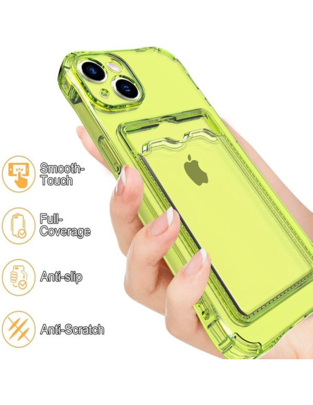 Transparent stöttåligt skal för iPhone 14 Plus med kortfack, hålls i handen