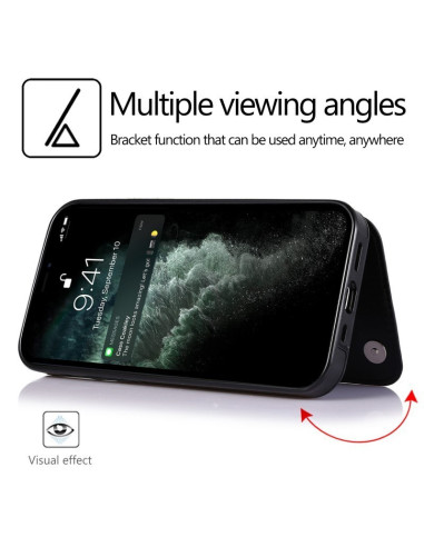 Svart flip-skal för iPhone 14 Plus med stativfunktion och korthållare, visad från sidan