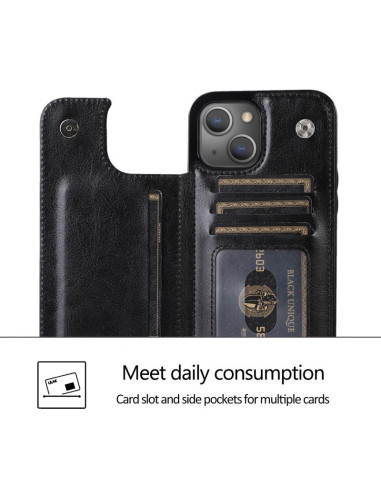 Svart flip-skal för iPhone 14 Plus med tre korthållare, öppet fack och detaljerad insida