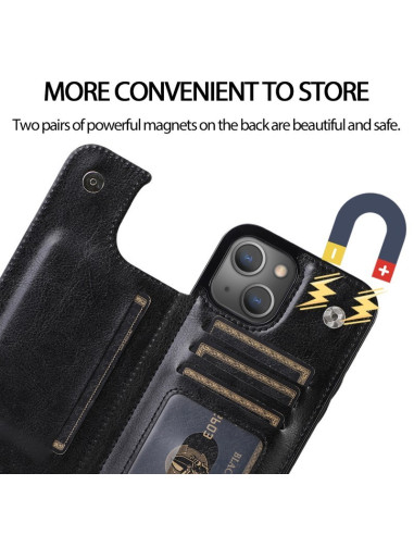 Detaljvy av svart flip-skal för iPhone 14 Plus med korthållare och magneter