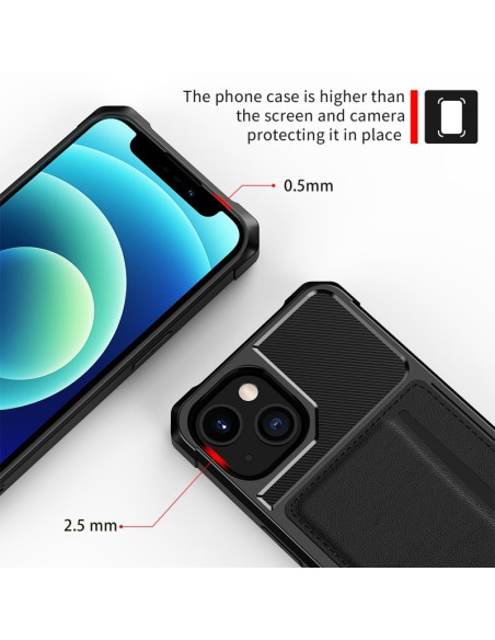 Detaljvy av svart iPhone 14 Plus skal med kortfack, visat bakifrån med fokus på kameraskyddet
