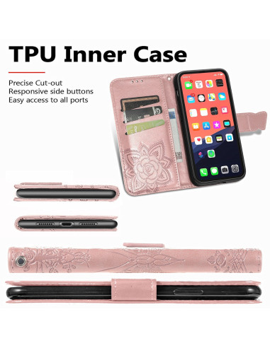 Plånboksfodral för iPhone 14 Pro Max med fjärilsmotiv, öppet med kortfack och telefon monterad