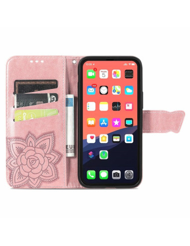 Plånboksfodral i PU-läder för iPhone 14 Pro Max med fjärilsmotiv, öppet och med kortfack
