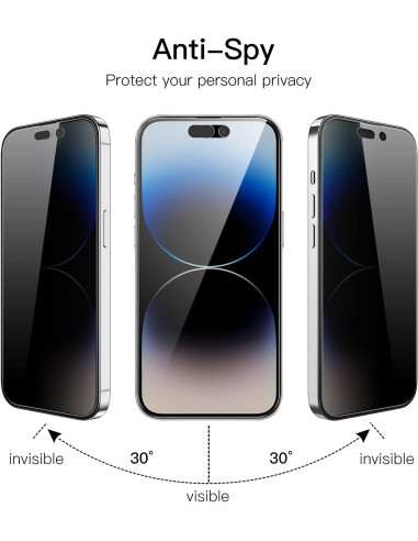 Närbild av två iPhone 14 Pro Max skärmskydd med privacy-funktion, visade från sidan