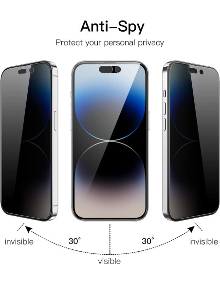 Närbild av två iPhone 14 Pro Max skärmskydd med privacy-funktion, visade från sidan
