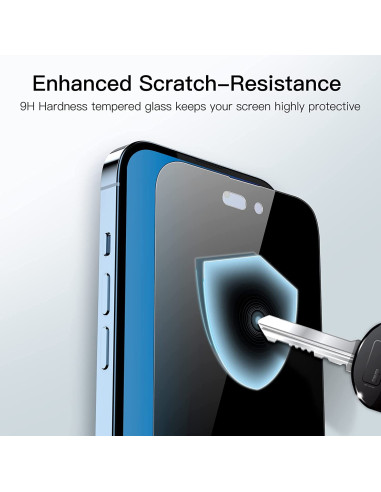 Detaljvy av iPhone 14 Pro Max skärmskydd med fokus på repmotstånd och passform